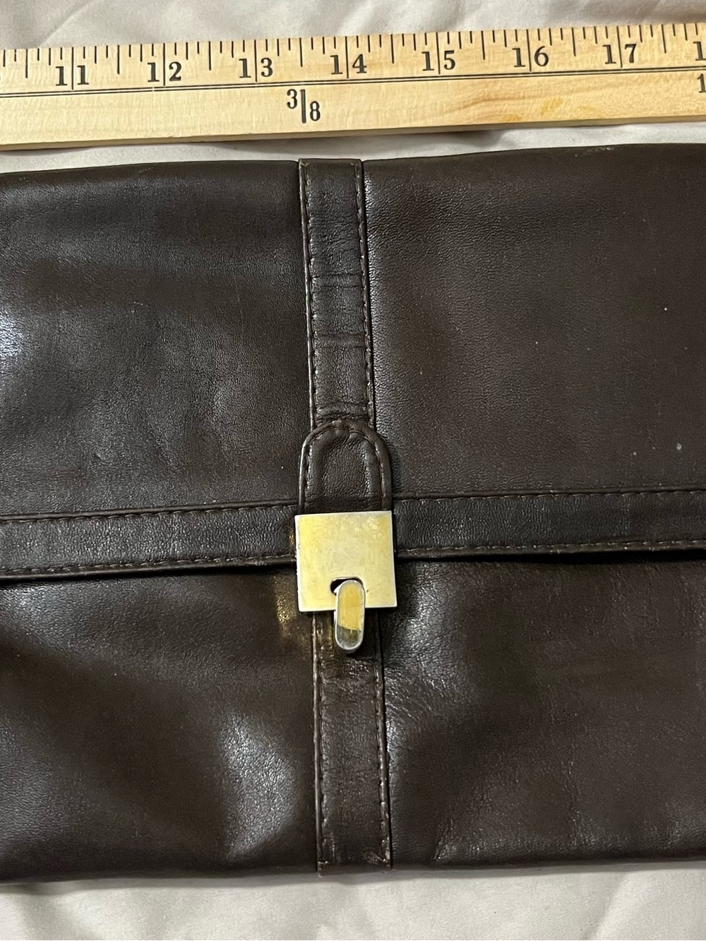 Classic Dark Brown Leather Clutch with Gold-Tone Turn Lock